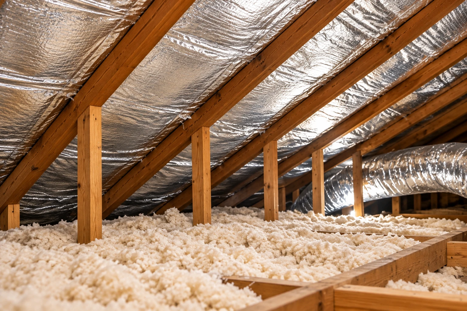 An attic has loose-fill insulation across the floor and reflective material between the roof rafters.