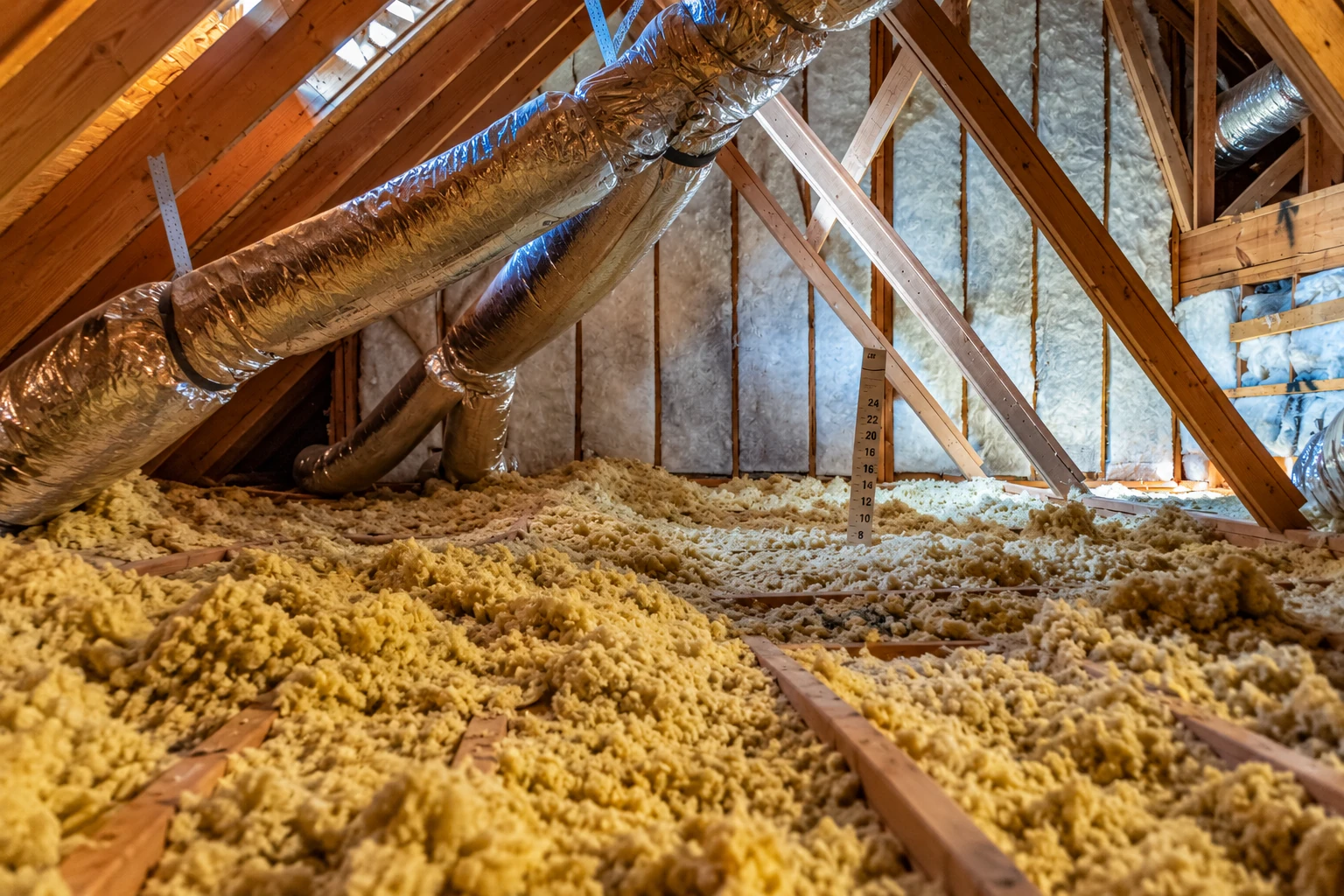 Loose yellow attic insulation covers the floor beneath roof trusses, with silver ducts and insulated rafters.