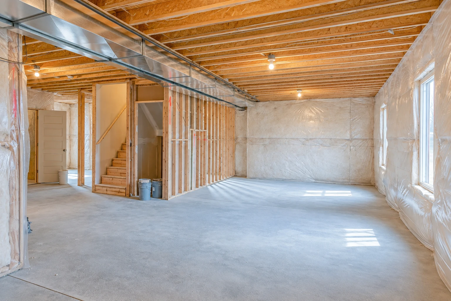 Unfinished basement with white insulation covering the walls, exposed ceiling joists, and a bare concrete floor.