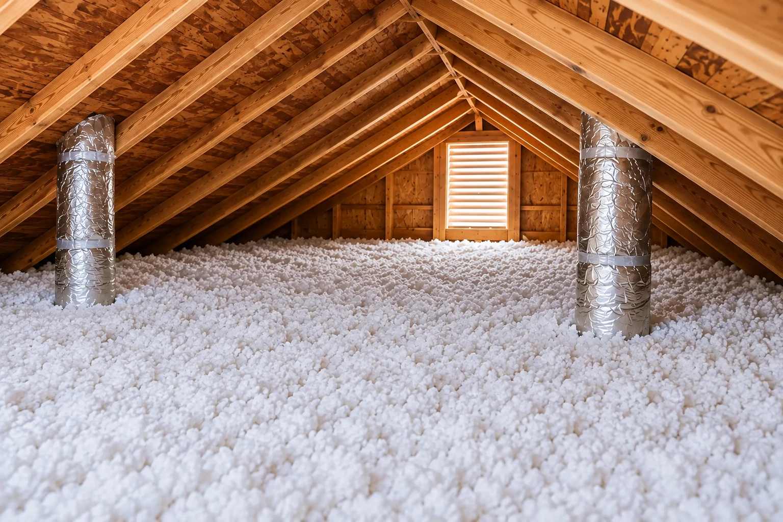White blown-in insulation covers an attic floor beneath exposed wooden rafters and two silver ducts.