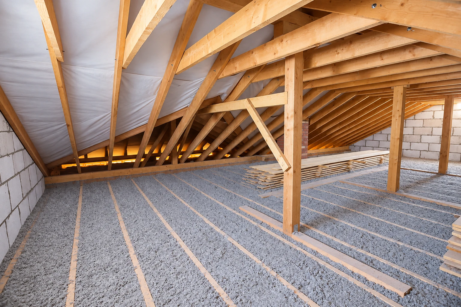Gray blown-in insulation covers the floor between attic joists beneath exposed timber roof trusses.