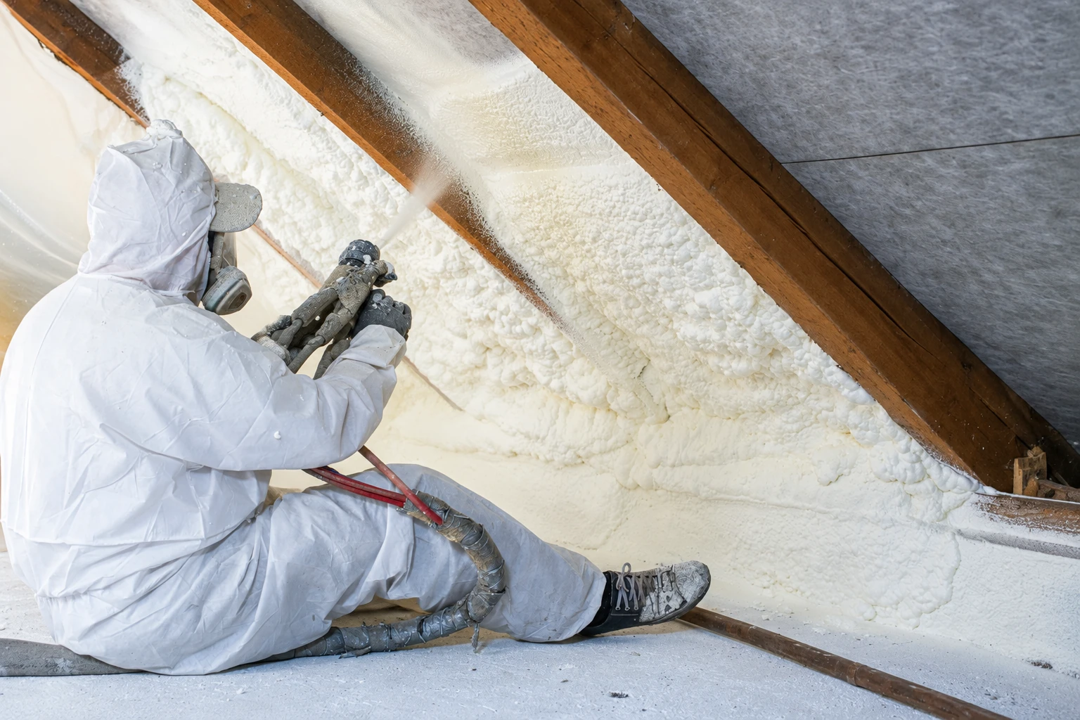 Worker in protective gear sprays white foam insulation between wooden rafters.