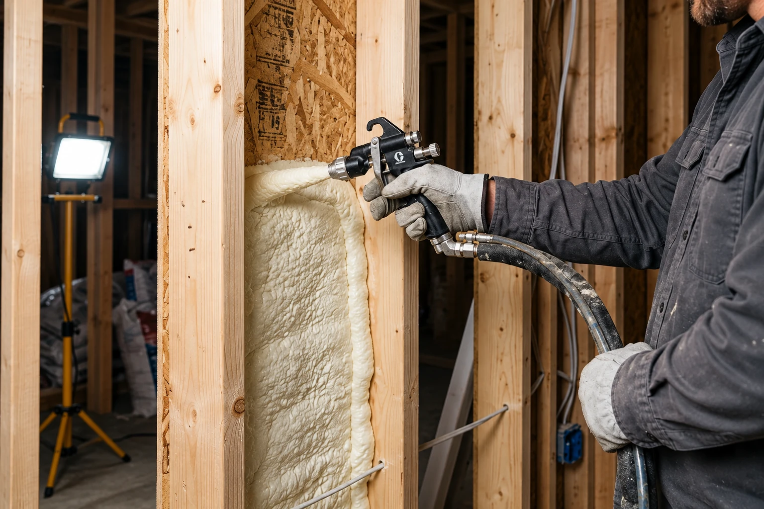 A gloved worker sprays closed-cell foam into a wall cavity between wooden studs.