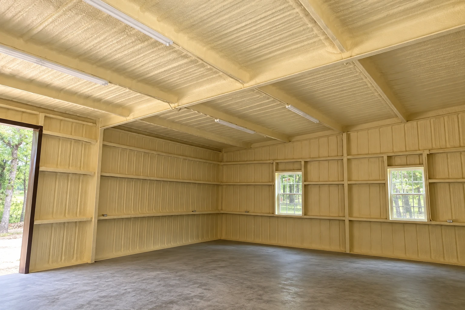 An empty commercial building has yellow foam insulation covering its ceiling and walls.