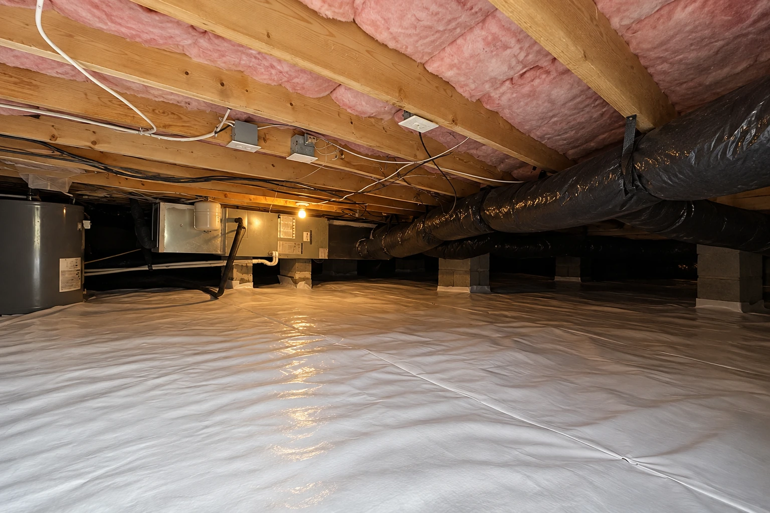 A crawl space has white floor vapor barrier, pink insulation between ceiling joists, and dark flexible ducts.