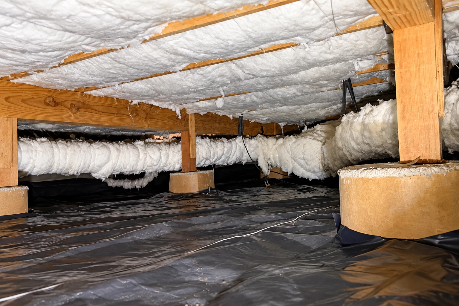 White foam insulation lines a crawl space ceiling above a black plastic floor barrier.