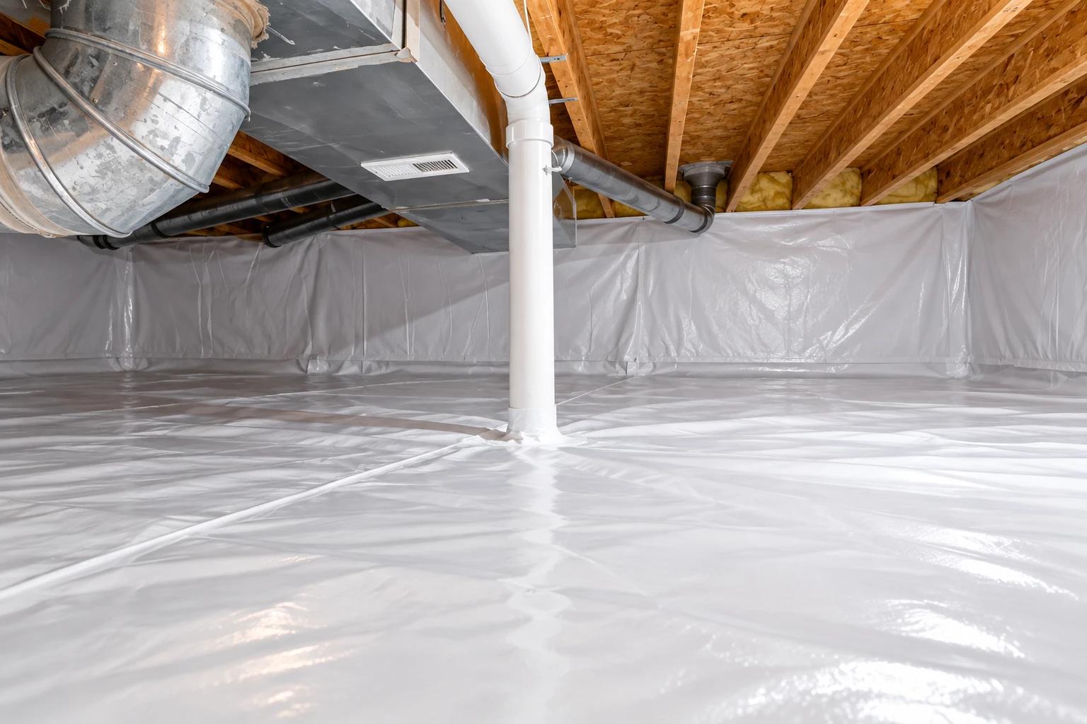 Crawl space lined with a white vapor barrier across the floor and walls, beneath exposed joists and metal ductwork.