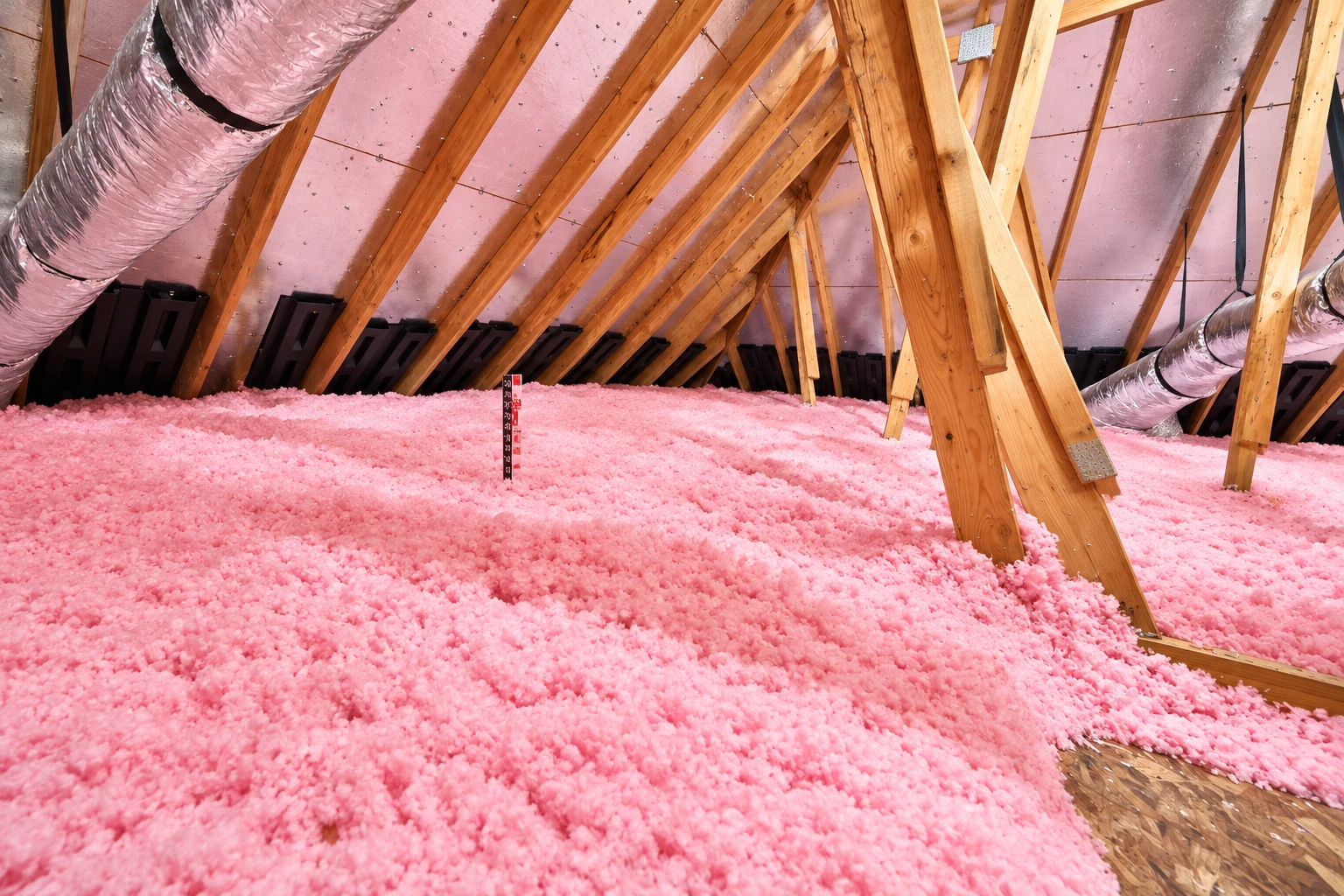 Pink loose-fill insulation covers an attic floor beneath exposed roof framing and silver ducts.