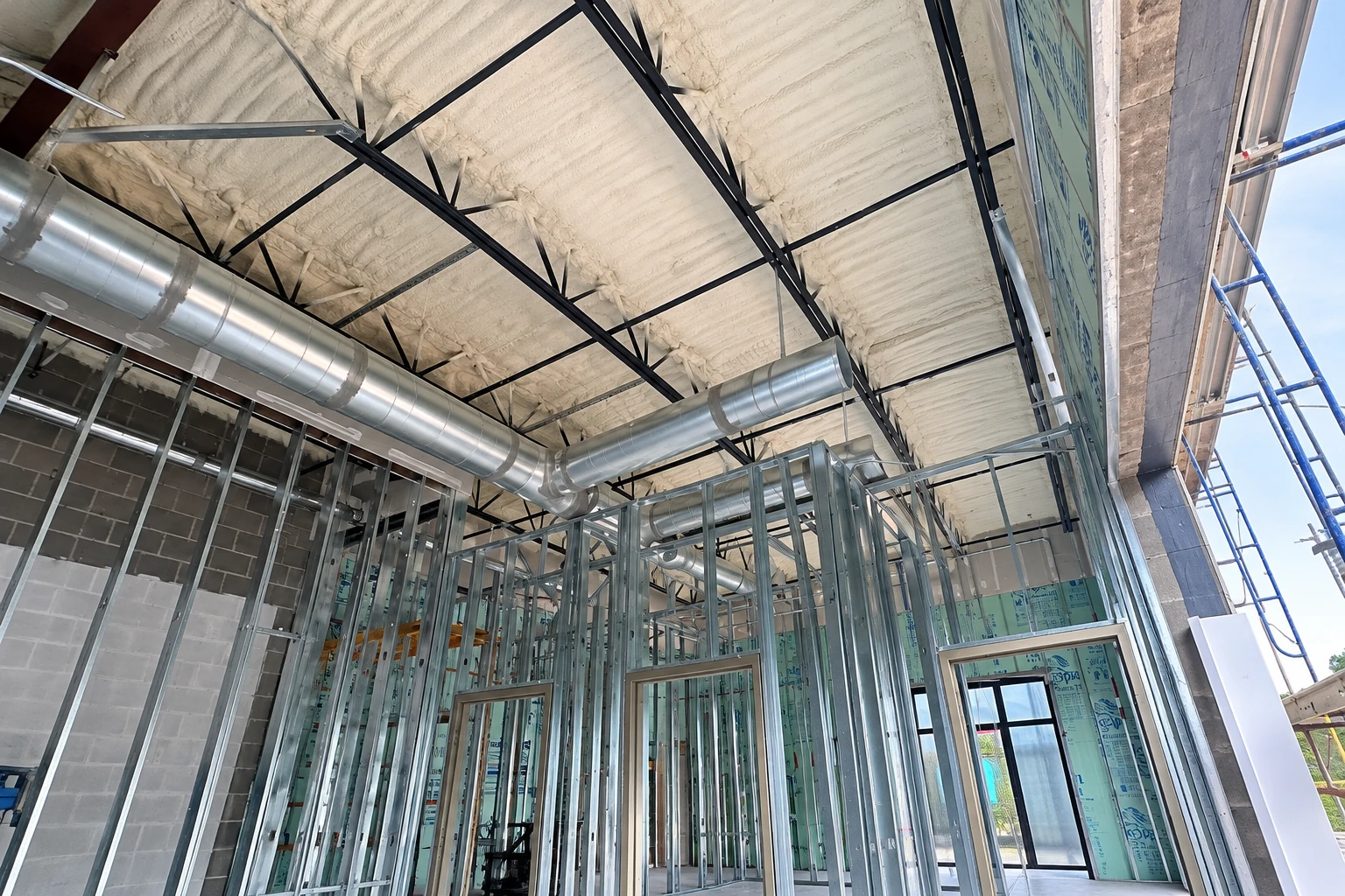 White spray foam covers the ceiling of a commercial building under construction, above metal wall framing and ductwork.
