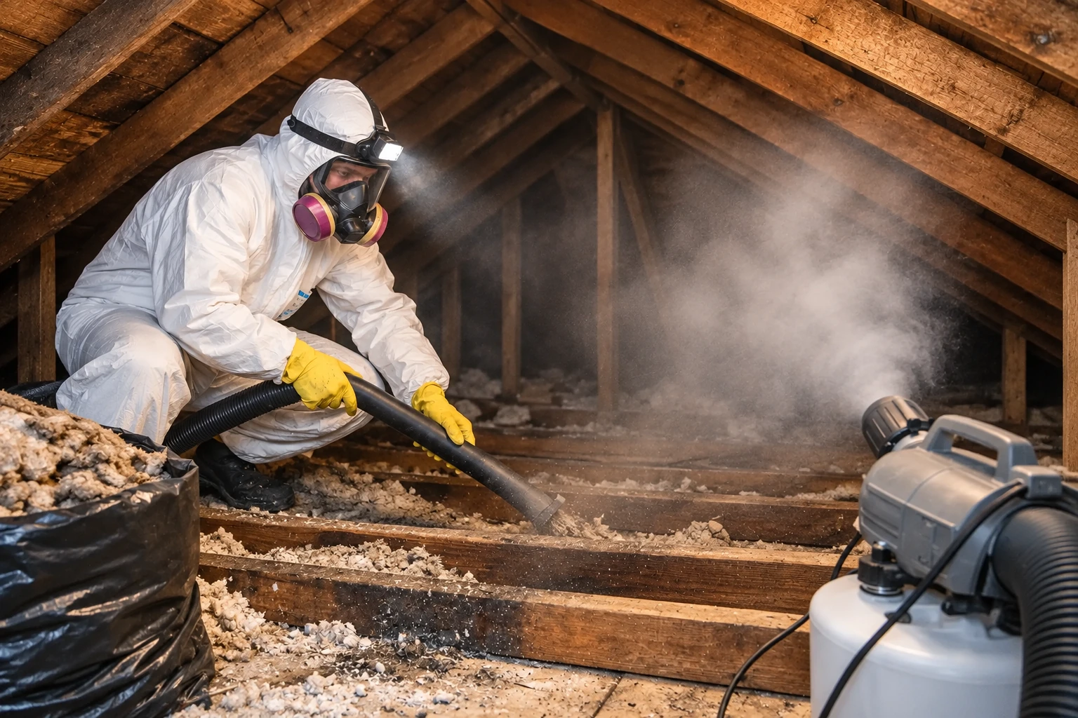 A worker in protective gear vacuums loose attic insulation through a hose into removal equipment.
