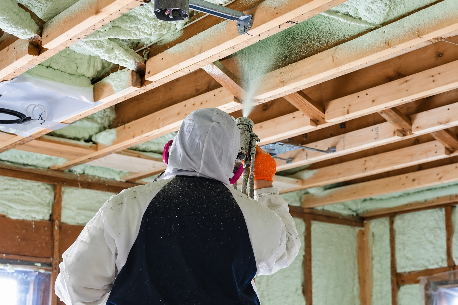 A worker in protective gear sprays pale green foam insulation between exposed ceiling joists.