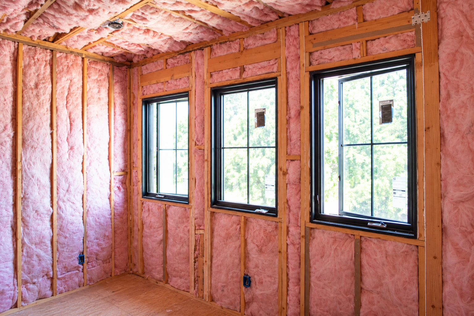 Pink fiberglass batts fill the wall and ceiling cavities of a framed room with three windows, ready for retrofit insulation.