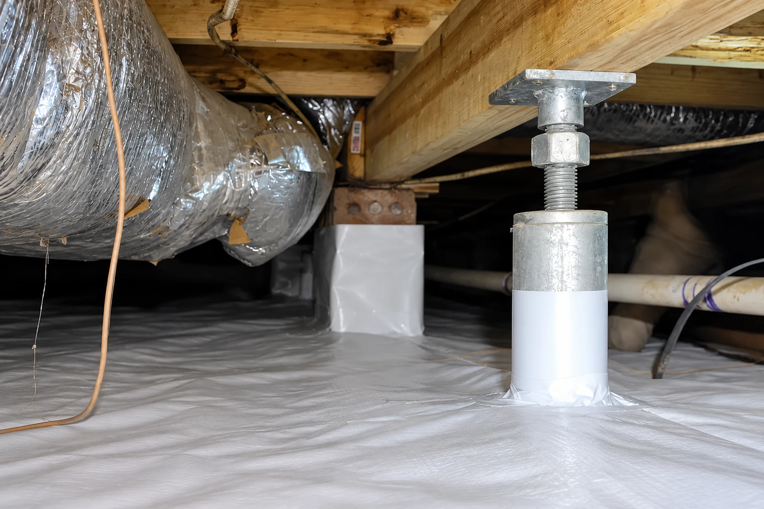 A white vapor barrier covers a crawl space floor and is sealed around a support post beneath wood joists and ductwork.