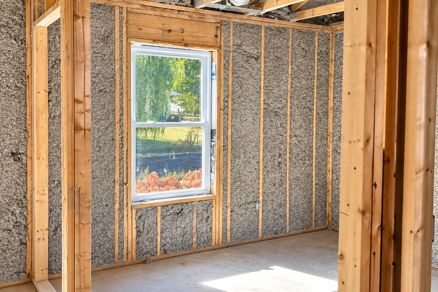 Unfinished wall with exposed wooden studs and gray insulation around a window in a sunlit room.