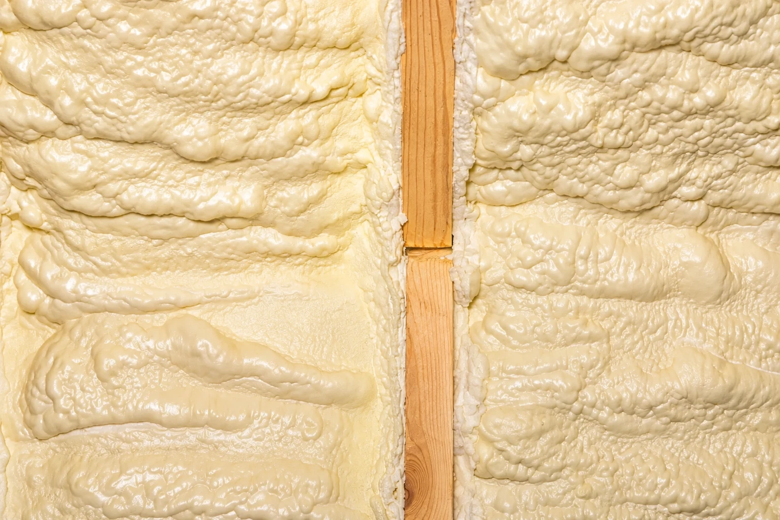 Close view of thick cream-colored spray foam filling the spaces between wooden wall studs.